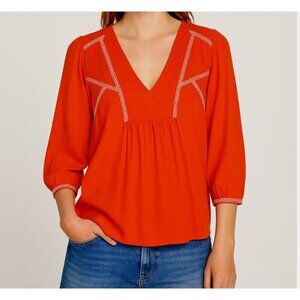 ba&sh Paris Amber Blouse Women’s Size Small Coral Embroidered V-Neck 3/4 Sleeve